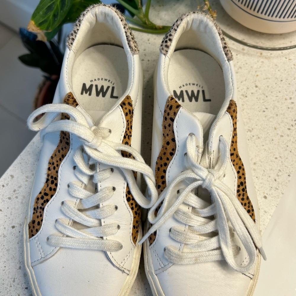 Madewell White and Brown Women's Sneakers with Leopard Accents